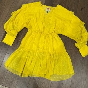 Farm Rio NWT Canarias Ruffled Mini Dress sz M yellow Swiss dot with beaded ties